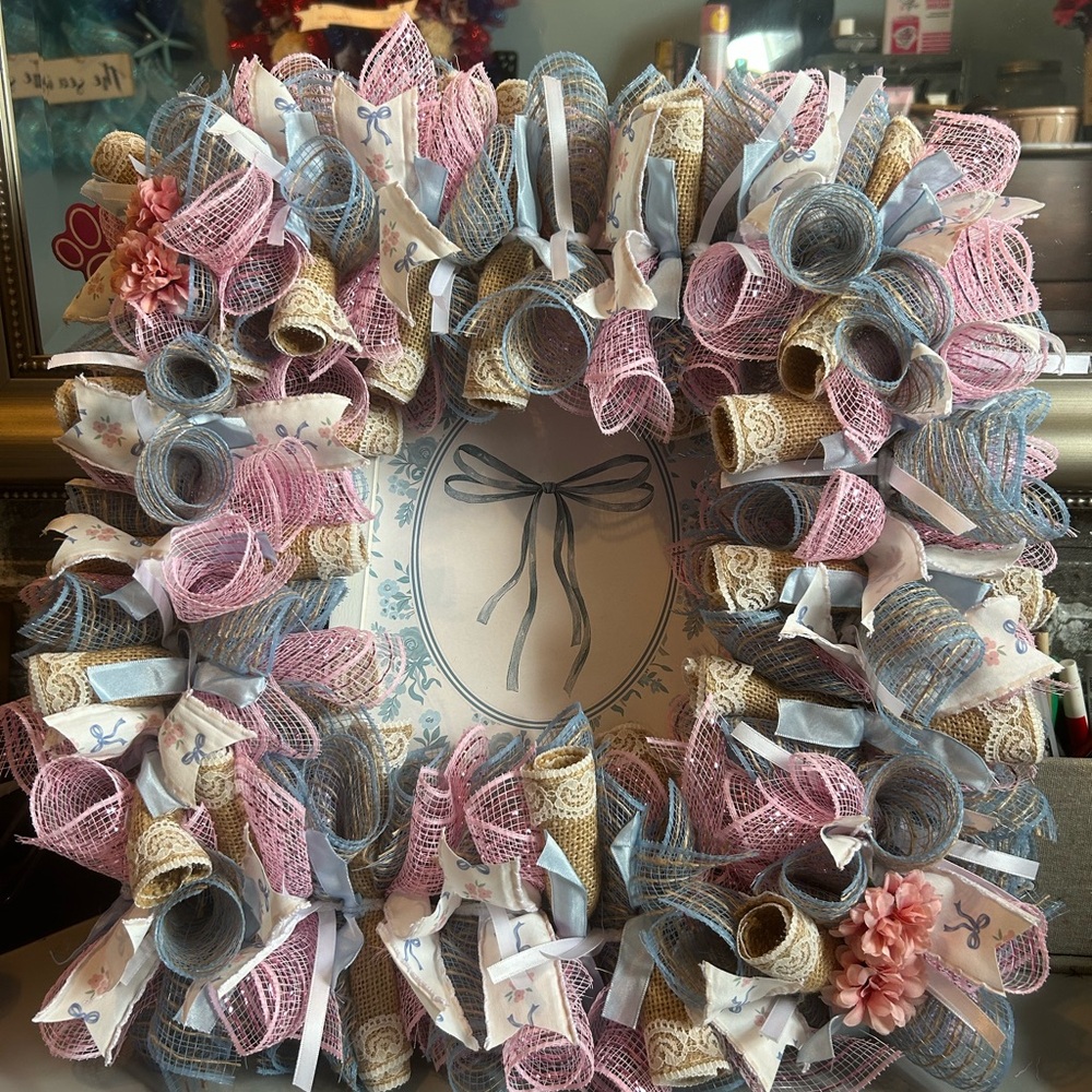 Pastel Burlap Holiday Wreath — Blue, Pink & Cream